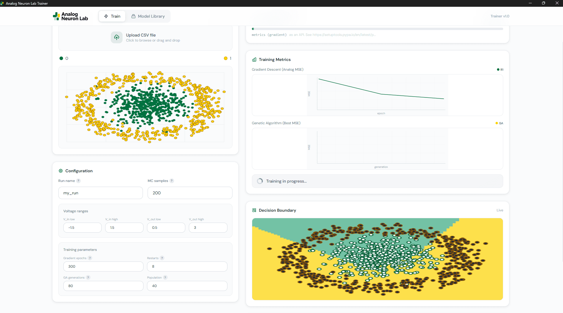 Training app showing dataset and fit controls